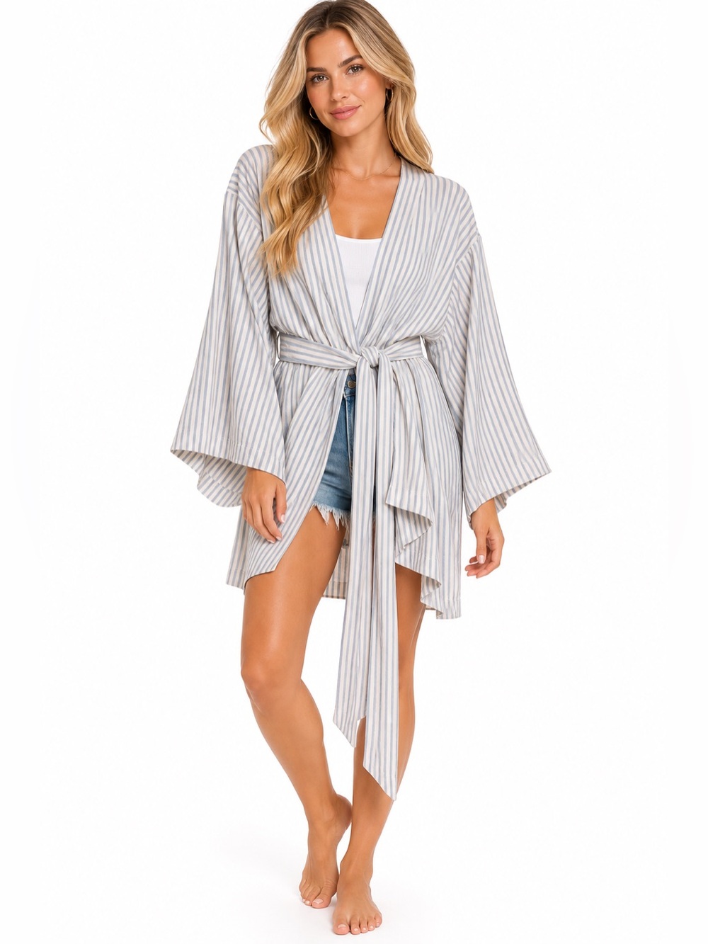 Lake Size Medium Blue & White Striped Kimono Robe - Women Intimates & Sleepwear
